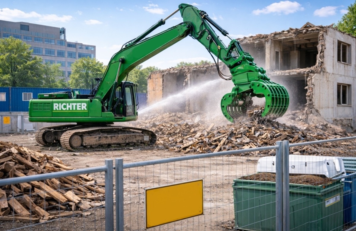 Bagger mit Abbruchzange reißt Wände und Decken bei Abbrucharbeiten in Hamburg. Professionelles Abbruchunternehmen im Einsatz