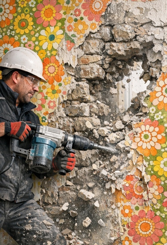 Teilabbruch einer Wand in Norderstedt. Rückbau mit elektrischem Abbruchhammer durch Fachbetrieb