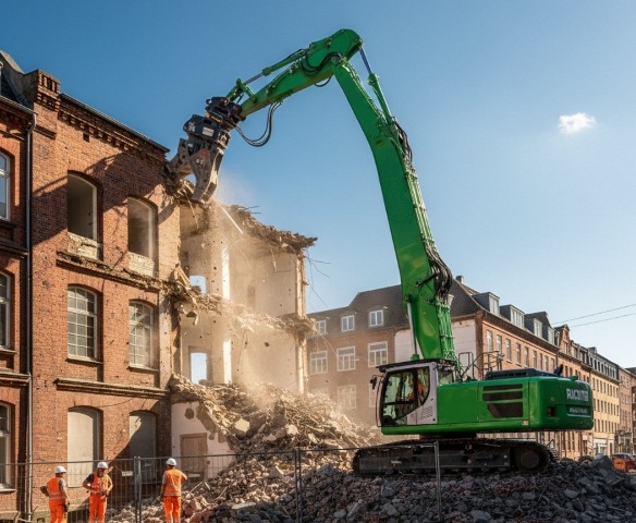 Longreach-Bagger beim Hochhausabbruch präziser Rückbau aus großer Höhe