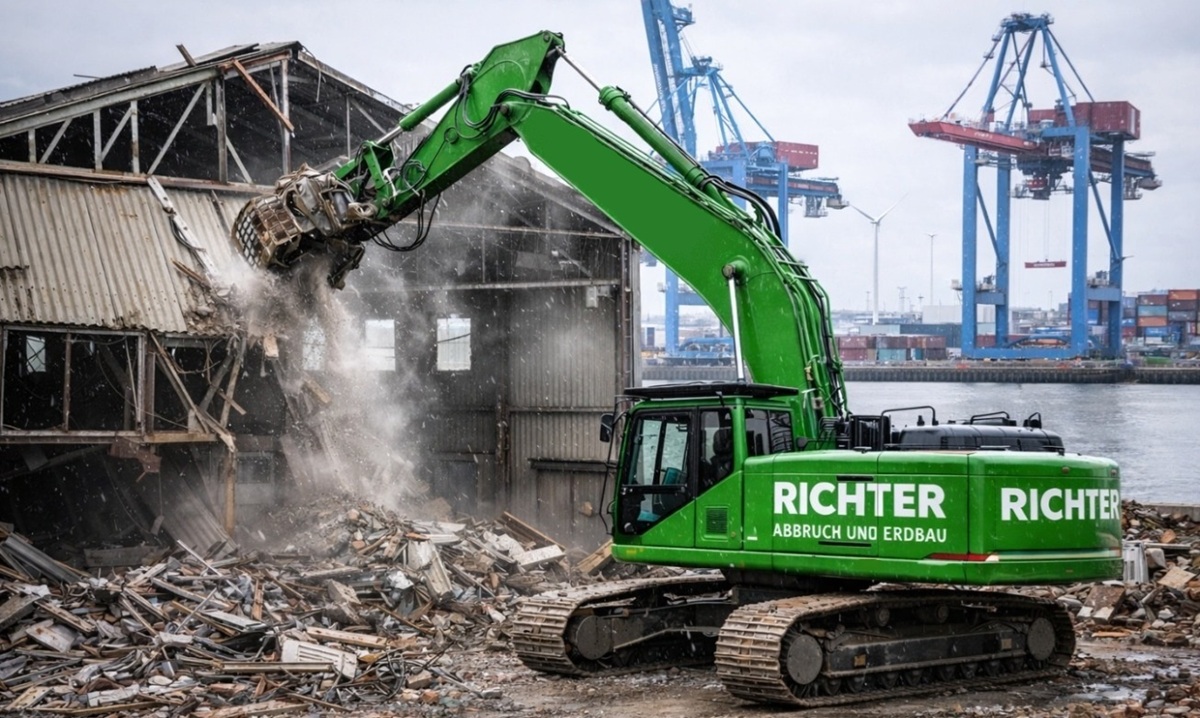 Abbruch Werkhalle im Hamburger Hafen an der Elbe mit Bagger