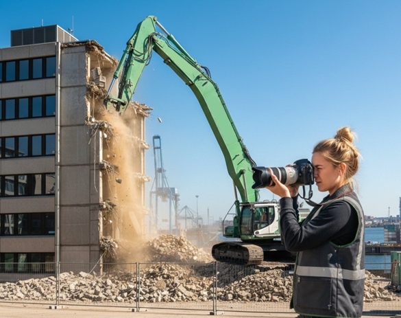 Fotografin im Hamburger Hafen dokumentiert Abbrucharbeiten und Bagger