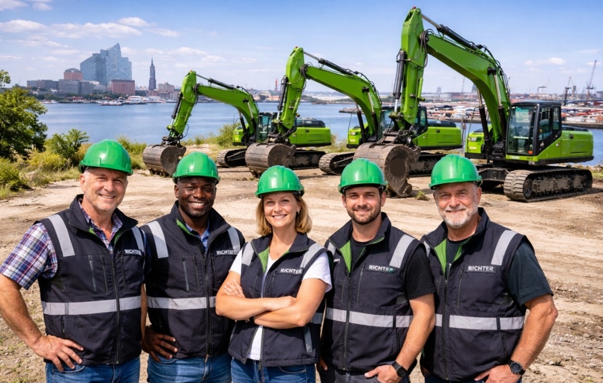 Abbruchteam Richter Hamburg vor Hafen und Elbe mit Baggern bei Abbrucharbeiten