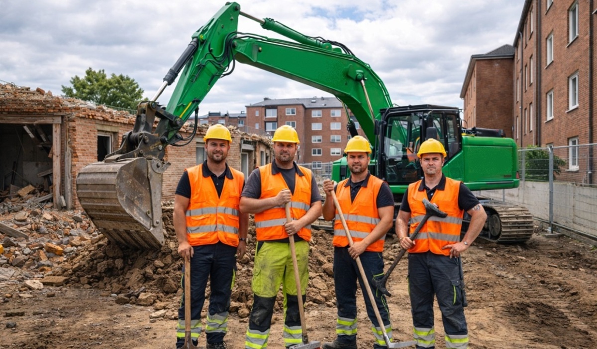 Abbruchtrupp bei Abbrucharbeiten in Hamburg. Teamarbeit für sicheren Rückbau