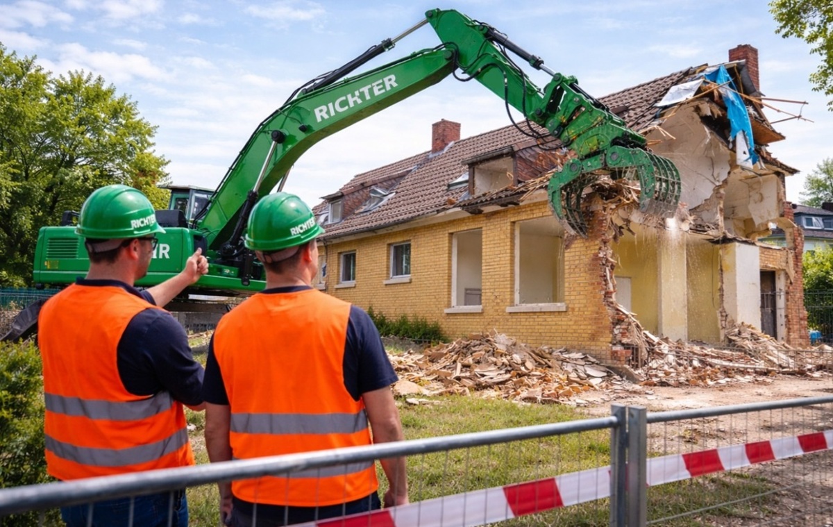 Abbruchmeister und Mitarbeiter planen Sortierfläche bei Abbrucharbeiten in Hamburg. Abbruchunternehmen organisiert Baustelle