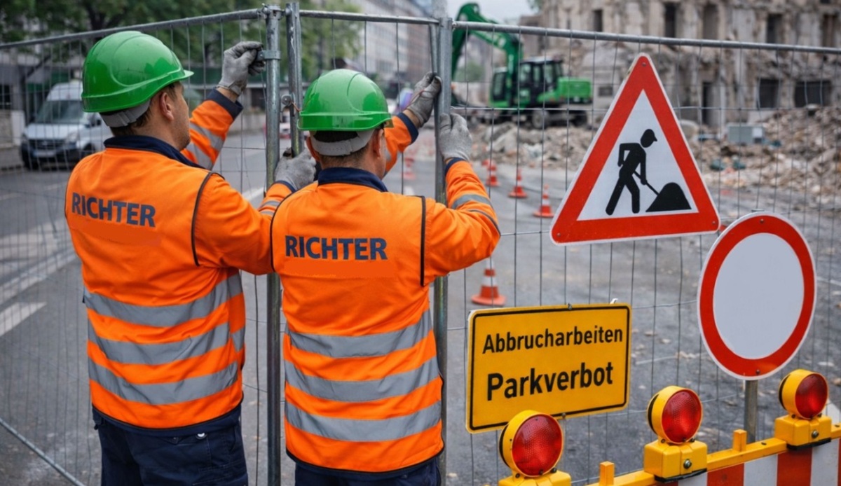 Zwei Mitarbeiter schließen Bauzaun Hamburg Abbruchunternehmen Baustelle