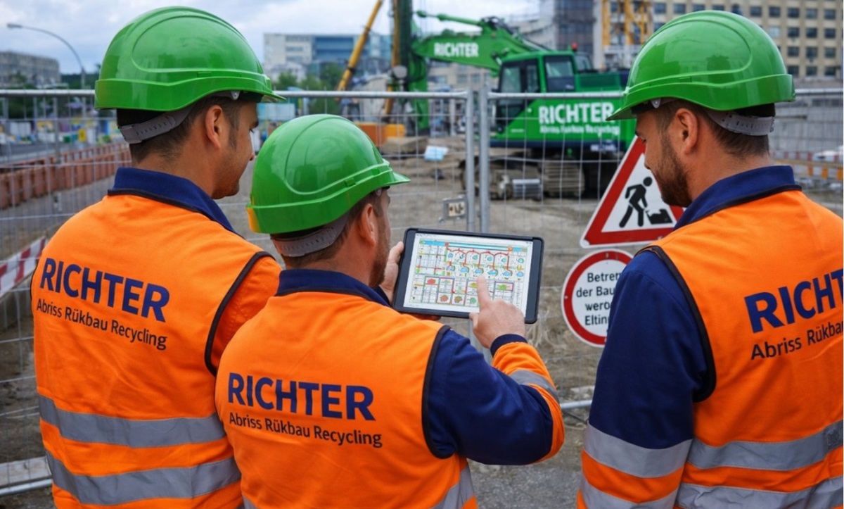 Bauleitung zeigt Sperrzonen Baustelle Hamburg Abbruchunternehmen