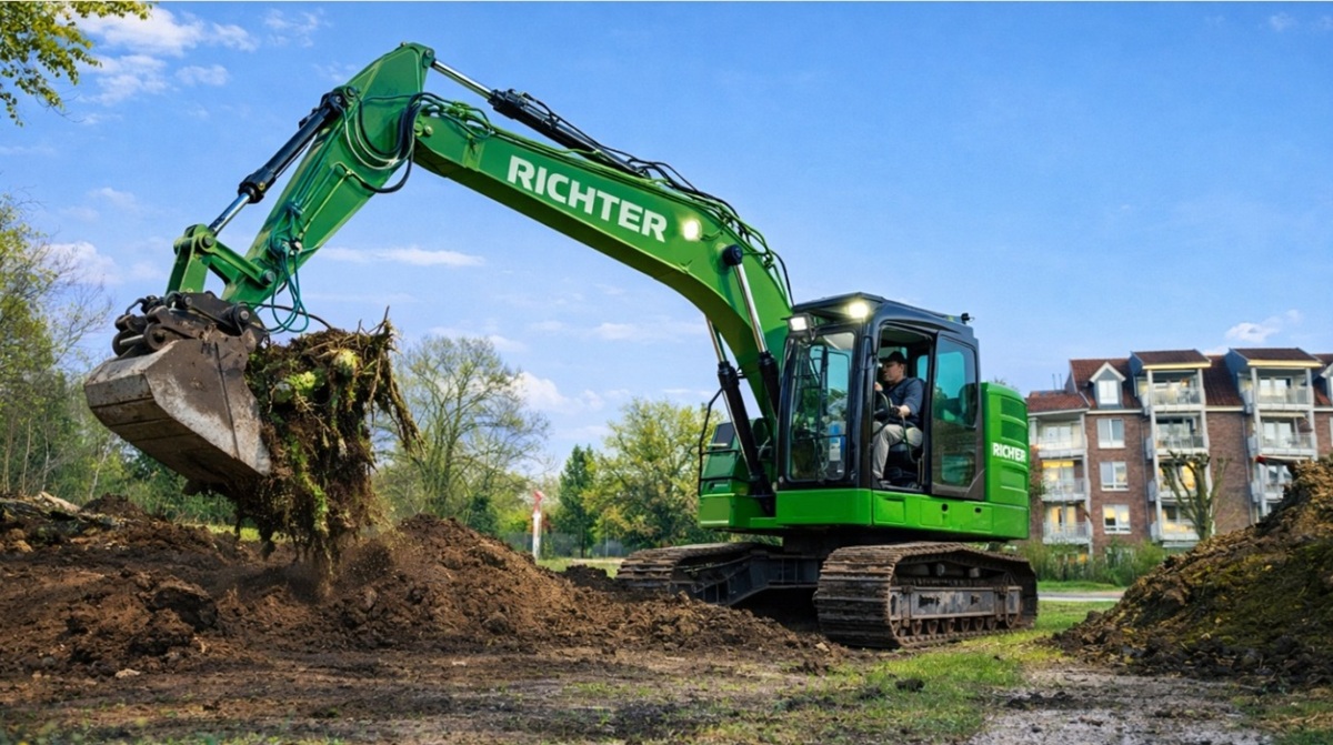 Chef am Bagger beim Erdaushub und Hügelabtrag in Hamburg Volksdorf